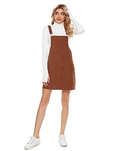 Yeokou Womens Casual Corduroy Bib Knee Length Overalls Pinafore Midi Dress Jumpsuit(Brown-L) thumb #4