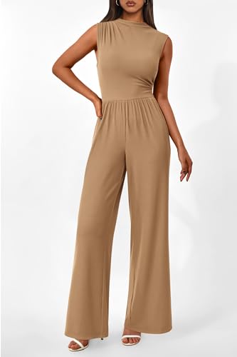 Image of PRETTYGARDEN Women's Summer Dressy Casual Jumpsuits | Cozy Ribbed Fabric, Sleeveless Mock Neck, Back Zipper, Pockets, Wide Leg Pants Rompers, Fashion Clothing, One Piece Outfits