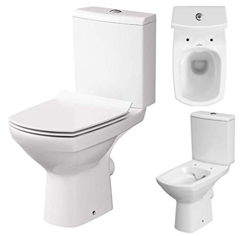 Keramik Stand- WC Toilette Komplett -Design- Set mit Spülkasten WC- Sitz Slim aus Duroplast mit Absenkautomatik SoftClose-Funktion für waagerechten Abgang Wasseranschluss Spülrandlos Carina