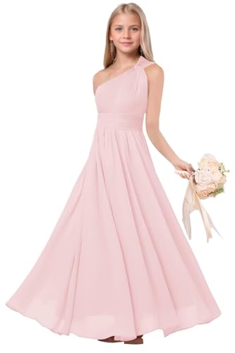 One Shoulder Junior Bridesmaid Dresses Flower Girl Chiffon Maxi Dresses AI0202