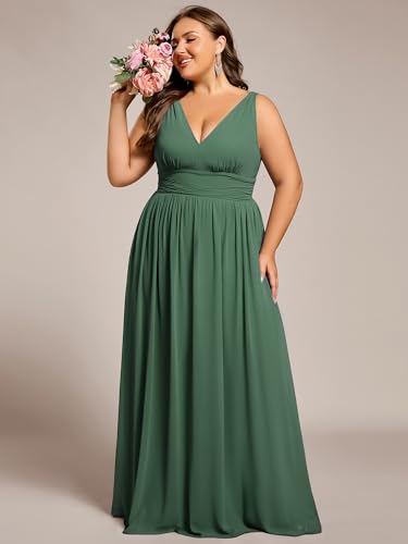Image of Ever-Pretty V Neck Sleeveless Pleated Chiffon Maxi Plus Size Formal Dress for Women Bridesmaid Dresses 09016-DA