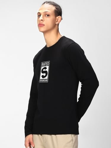 Image of Bewakoof Men Typography Regular Fit Full Sleeve Round Neck Pure Cotton T-Shirt