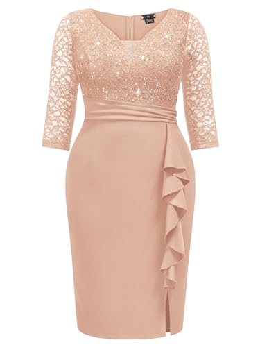 Image of MISSMAY Plus Size Lace Ruffle Cocktail Party Dress | Sequined Dress,V Neck,Ruffle Split Hem,Party Dress,Sparkle,Curvy Women,Bodycon Dress