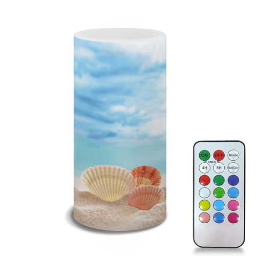 Image of Flameless Led Candle Auto-Moving Wick Votive Tealights Realistic Pillar Candle with Remote 4H 8H Timer Color Changing for Coastal Home Wedding Decoration, Beach Seashell Blue