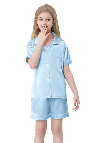 QZH.DUAO Girls Silk Pajamas Set Satin Button Down Sleepwear 2 Piece Pjs Nightwear Loungewear Gifts for Kids3