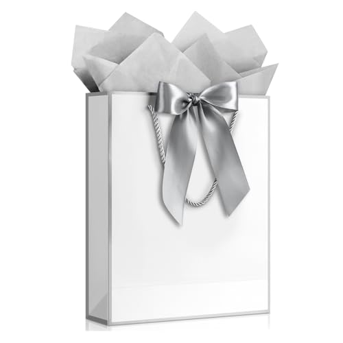 Image of JMANNI Gift Bag, 1PCS Gift Bags with Ribbon and 1 Greeting Cards 2 Tissue Paper, Portable Paper Gift Bag with Handles, Birthday Gift Bags,Present Bags for Wedding Party Mothers Day(White-Sliver)