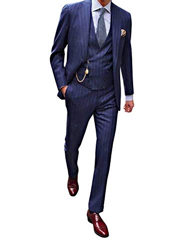 Men's One Button Pinstripe Suit Navy Blue Peaked Lapel Jacket Tux Vest Trousers Dress