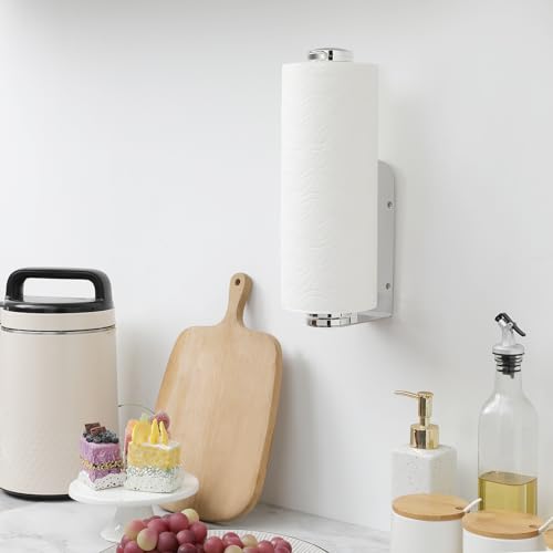 Image of theaoo Paper Towel Holder Under Cabinet, One-Handed Tear Wall Mount Paper Towel Holder Dispenser with Damping Function for Kitchen Organization, Stainless Steel, Self-Adhesive or Drill mounting,Silver