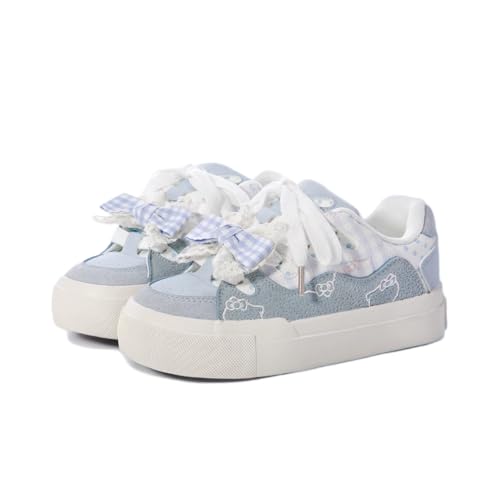 Y2K Cute Chunky Sole Kitten Lace Bow Aesthetic Shoes Platform Low Top Walking Sneakers for Women, Sweet and Fashionable Comfort