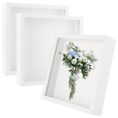 MIVIDE 3D Bilderrahmen zum Befüllen, 3 Stück 3D Bilderrahmen 20 x 20cm, 3D Rahmen Tiefer Objektrahmen für Objekte bis 3 cm, für Hochzeitsstrauß, DIY Kunstwerke, Weiß