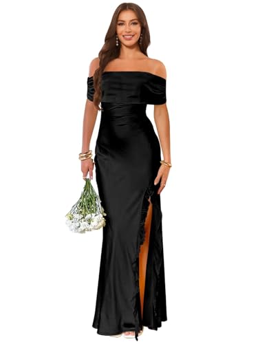 Off The Shoulder Satin Bridesmaid Dresses for Women Mermaid Formal Evening Dress with Slit