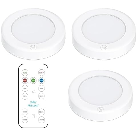 Brilliant Evolution Wireless LED Puck Lights with Remote Control - Battery Operated Lights and Warm Light Under Cabinet, Closet, or Kitchen - Stick On Lights, Under Counter Lighting - Pack of 3, White Cover