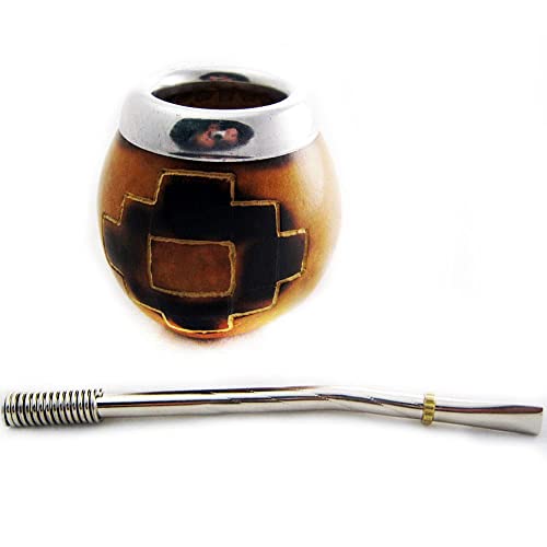 PAMPA ARGTENTINA CROSS CARVED MATE GOURD FOR YERBA OR TEA WITH STRAW BOMBILLA HANDMADE NATURAL 6952