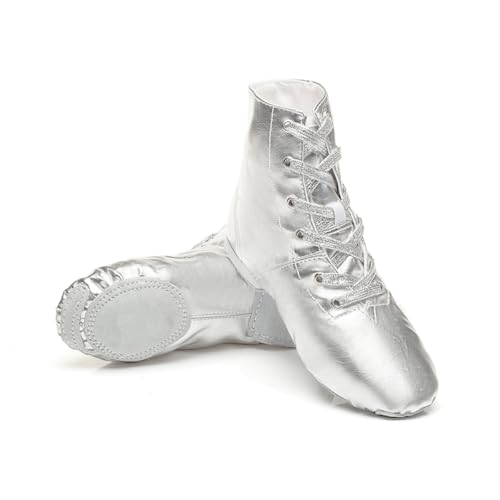 Unisex Kids Lace-up Jazz Dance Shoes Canvas Soft Leather Split Sole Ballet Boots for Girls Boys (Toddler/Little Kid/Big Kid) (Silver Leather Hight,6.5,Unisex,Big_Kid,Big Kid)