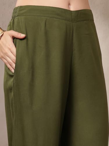 Image of Stylum Women's Solid & Embroidered Rayon A-Line Kurta Pant Set