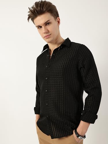 Image of Thomas Scott Men's | Solid | Textured Fabric | Full Sleeve | Slim Fit | Polyester-Blend | Spread Collar | Casual Shirt