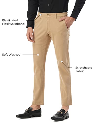 Image of FYLTR Men's Straight Fit Stretch Cotton Khaki Trousers with Elasticated Waistband -Soft Handfeel