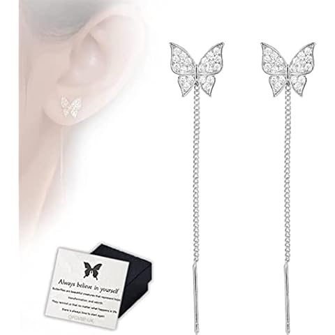Ombhsd Shiny Diamond Butterfly/Flower Earrings,Sparkling Zircon Butterfly Flowers Tassel Chain Dangle Threader Earrings Drop,Pull Through Jewelry Gifts for Women Girls (Silver Butterfly) Cover