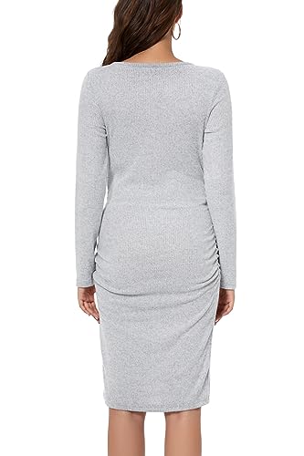 Smallshow Women'S Knit Maternity Dress Long Sleeve Pregnancy Clothes Medium,Light Grey thumb #4