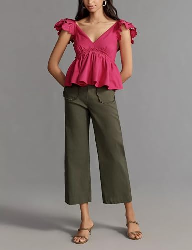 Women's Wide Leg Pants Button Down High Waisted Loose Fit Cropped Hem Trousers with Pockets Casual Work Business Pants4