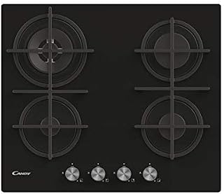 Candy CVG6BR4WPB kuchenka gazowa ze szkła hartowanego 60 cm, 4 palniki, żeliwne grille, palnik wok, zawór bezpieczeństwa, LPG i Metan, 60x51x95 cm, czarny