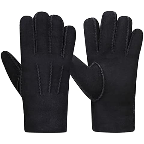 Harssidanzar Men's Leather Gloves,Suede Lambskin Shearling Fur Cuff Thick Wool Lined Heated Warm for Winter Cold Weather Dress Driving Gloves KM043UK,Black,Size XL Cover