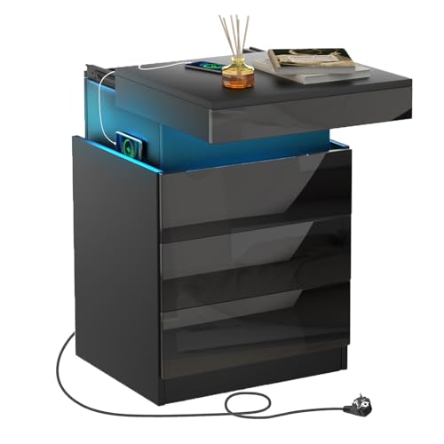 mesita de noche led, mesitas de noche inteligente, 3 Cajones y Mando a Distancia, Almacenamiento extra en la Solapa, Mesa Auxiliar, Estilo Moderno para cualquier cama y dormitorio 45x40x67cm