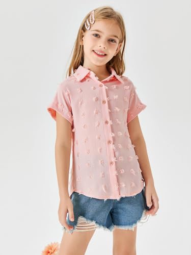 Image of Haloumoning Girls Button Down Shirts Short Sleeve Kids Casual Chiffon Blouse Summer Tops T-Shirt