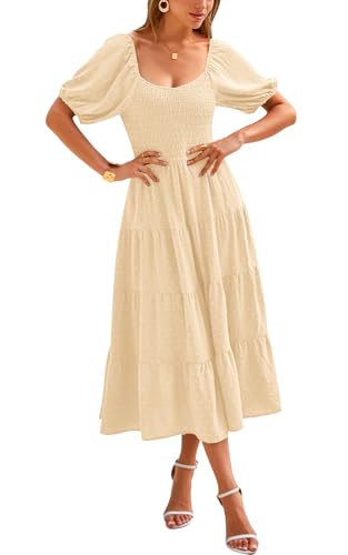 PRETTYGARDEN Women's Spring Dresses 2024 Puff Sleeve V Neck Swiss Dot Smocked Tiered Maxi Dress Boho Flowy Long Dress (Beige,Medium)