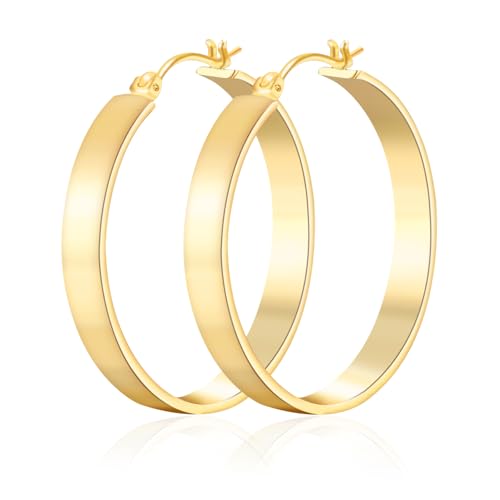 14K Gold Hoop Earrings for Women Trendy, Flat Square-edge 14k Gold Earrings Chunky Earring Classic Dainty Hoops Earring for Womens