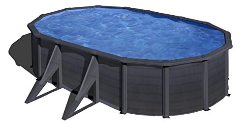 Gre Pools Piscine Ovale Acier 5,27m x 3,27m x H: 1,22m - Gris Anthracite - Filtration à Sable - Renfort apparents