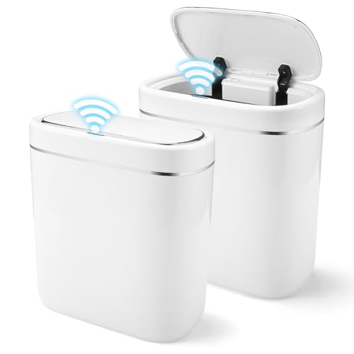 Image of VZZNN 2Pcs Bathroom Trash Can,2.4 Gallon Automatic Garbage Can with Lid,9 Liter Small Touchless Motion Sensor Trash Bins, Garbage can for Bathroom, Kitchen, Office,White