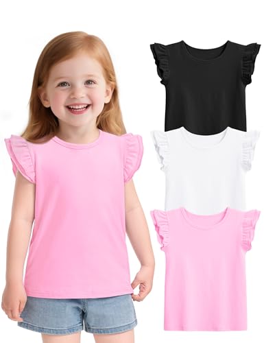 Witwot 3 Pack Toddler Girl Shirts Cotton Baby Girls Ruffle Sleeve Tee Cute Blouse Tops Size 2T - 7Years