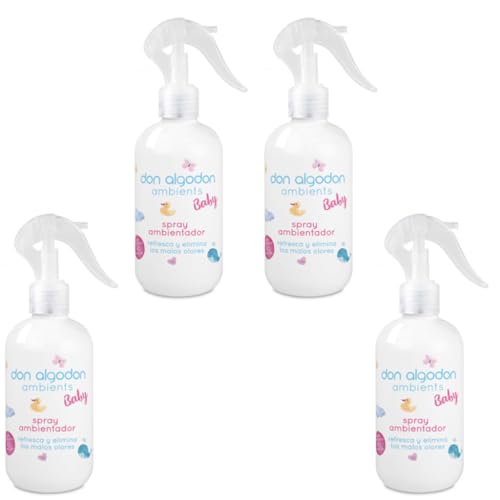 Don Algodón Ambientador Baby Spray 250ml – Pack de 4 | Fragancia Suave y Fresca para Bebés y Hogar | Elimina Malos Olores | Spray Perfumado Habitaciones Infantiles y Textiles