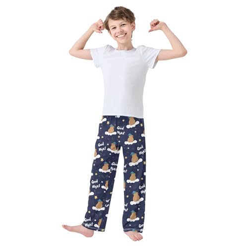 Good Night Capybara Pajama Pants Lounge Sleep Pants Elastic Waist Long Pajama Bottoms with Pockets for 6-14 Years3