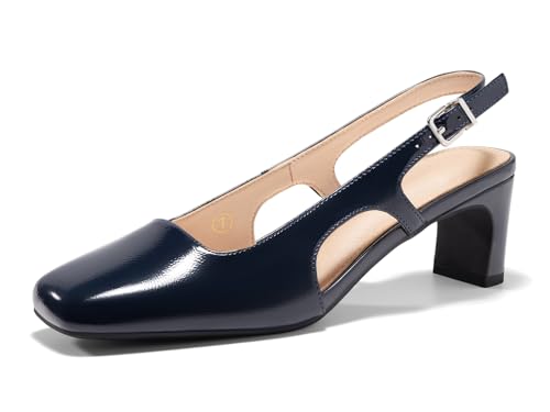 Coutgo Womens Slingback Chunky Low Heels Closed Square Toe Pumps Wedding Party Dress Shoes Navy Patent Size 8