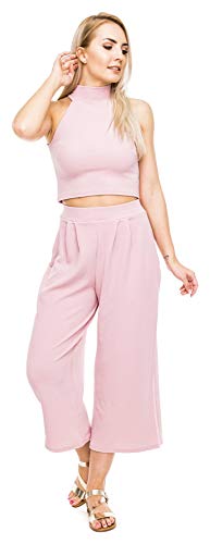 Loomiloo Zweiteiler bauchfrei Damen Culotte Culottes Hosenrock Jogginganzug crop top und Hose Sommer Sportanzug Hausanzug (Rosa, S/M)