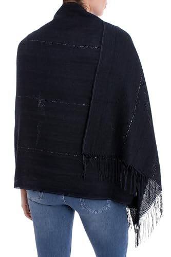 NOVICA Artisan Handmade 100% Alpaca Shawl Midnight Blue Woven Fringed from Peru Wool Accessories Shawls Solid ' Deep Sky'3