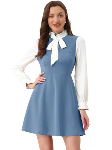 Image of Allegra K Tie Neck Dresses for Women's 1960s Vintage Long Sleeve Contrast Color Dress