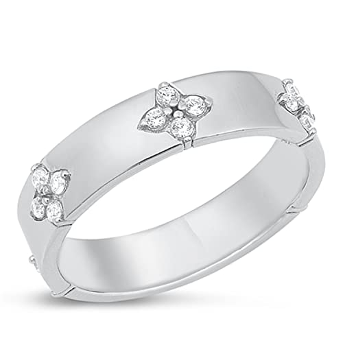 Flower CZ Wedding Band 925 Sterling Silver 4.9mm Size 5-10
