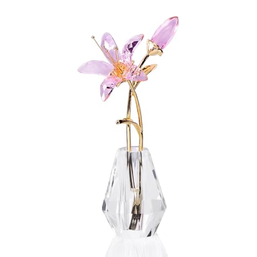 Rosa Kristall Lilienblüten Figur mit Stielen Handgefertigte Lilien Glasblumen mit Kristallvase Kristallglas Ornament Deko für Hochzeit Valentinstag Party Tischdekoration