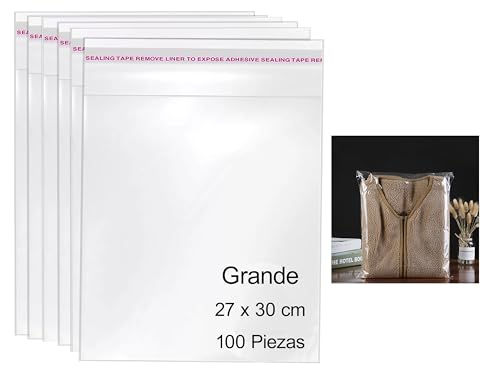 100 Bolsas Grandes de Celofán Transparentes Autoadhesivas, Bolsas de Plástico para todo uso, 100 Unidades (27x30 cm)