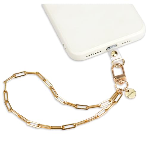 NIIIYTYB Phone Charm Strap with Gold Metal Chain Detachable Cellphone Wristlet Keychain Hands Free Anti Theft Phone Strap for Case Stylish Cell Phone Chain Wrist Strap for Women Fits All Models
