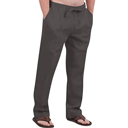 Men's Cotton Linen Pants Elastic Waist Drawstring Pants Lightweight Casual Pants Summer Beach Pants with Pockets