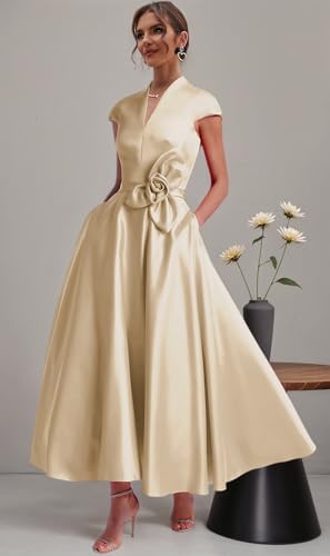 Tea Length Mother of The Bride Dresses for Women Cap Sleeves Formal Wedding Guest Dress Satin Evening Gowns4