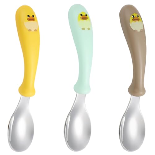 XENQITO 3 Pezzi di Posate in Acciaio Inossidabile e Silicone per Bambini e Neonati, Posate Bambini, Cucchiaio Svezzamento, Cucchiai Posate per Bambini BPA Free con Manico in Silicone Anti-Soffocamento
