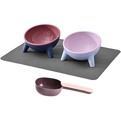 KitchenRaku Raised Double Cat Bowl Set with Cat Bowl Mat and Spoon, Tilted Kitten Bowls 15° Inclined, Elevated Cat Food and Water Feeding Bowls, Pet Bowls Set for Dry and Wet Cats and Puppies Food Cover