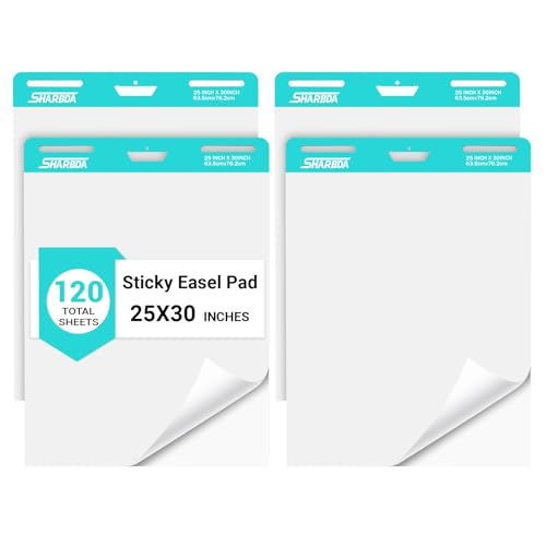 SHARBDA Sticky Easel Pad, 25 in x 30 in,Flip Chart Paper,Sticky Chart Paper for Teachers, Large Self-Stick Easel Paper,Super Sticky & Bleed-Resistant,30 Sheets/Pad,4 Pads