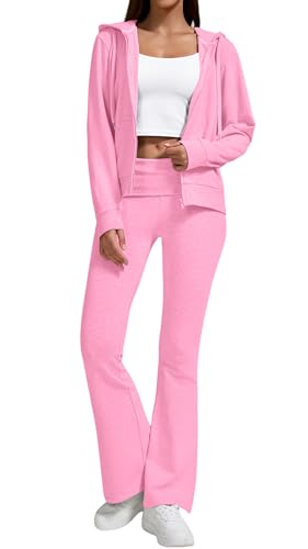 Women's 2-Piece Lounge Outfit-Lightweight Zip-Up Hoodie with Pockets & Low Rise Flare Leggings Yoga Sweatsuit Set