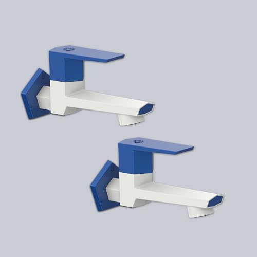 Image of RN PTMT Long Body Bib Cock for Bathroom | 15mm Long Body Foam Flow Water Tap with Flange | Luxury G20 Collection Faucet | High-Grade Engineering Polymer Tap (White Metallic Blue Dual, Pack of 2)